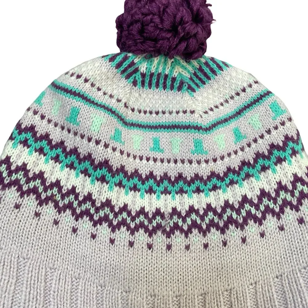 Columbia Omni Heat Earflap Beanie Hat Cream Pink Purple Fair Isle Pom Pom Chullo